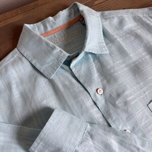 Caribbean Men's Large Aqua Blue Linen Blend Long Sleeve Button Up Shirt Collar